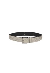 Cinturón de cuero gris claro con tachuelas decorativas y piedras brillantes, que cuenta con una hebilla de metal plateado y un reverso negro liso.