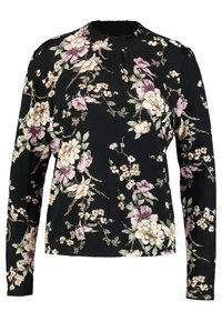 Top a maniche lunghe nero con un design floreale che presenta fiori rosa e bianchi, foglie verdi e un colletto arricciato. Tessuto morbido.
