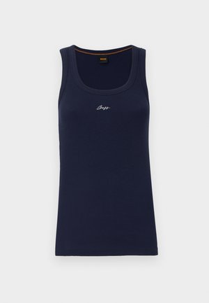 Navy blue ribbed tank top with a rounded neckline, narrow straps, and a white embroidered logo on the chest.