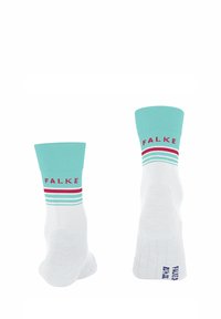 Białe skarpetki z turkusowymi mankietami i czerwonymi akcentami. Logo "FALKE" na mankietach, poziome paski w turkusowym i czerwonym kolorze, teksturowana tkanina.