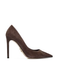 Décolleté in suede marrone con punta affilata e tacco stiletto sottile. Accento in metallo dorato vicino alla parte posteriore. Texture liscia.