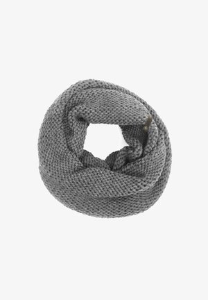 Knitted gray infinity scarf featuring a thick texture and a continuous circular shape. Includes a small accent tag. No visible patterns.