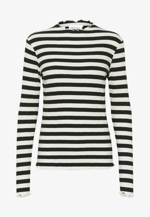 Čierno-biele pruhované tričko s dlhými rukávmi, s rebrovanou textúrou, okrúhlym výstrihom a volánikmi na manžetách. Priliehavý strih s dĺžkou po bedrá.