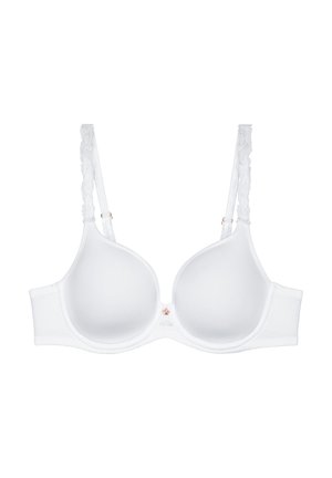 Valkoinen toppaamaton rintaliivit kaarituen kanssa, säädettävät kukkakuviolliset olkaimet ja pieni koristeellinen kukka keskellä edessä.