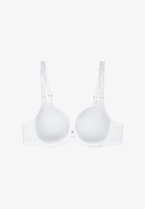 Weißer, gepolsterter Büstenhalter mit Bügel, verstellbaren Trägern mit Blumenmuster und kleiner dekorativer Blume vorne in der Mitte.