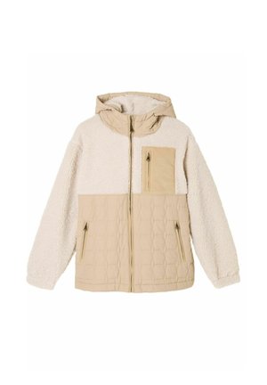 Beige und cremefarbene Kapuzenjacke mit gestepptem unteren Teil, weichem Fleece-Oberteil und mit Reißverschluss versehenen Brust- und Seitentaschen.