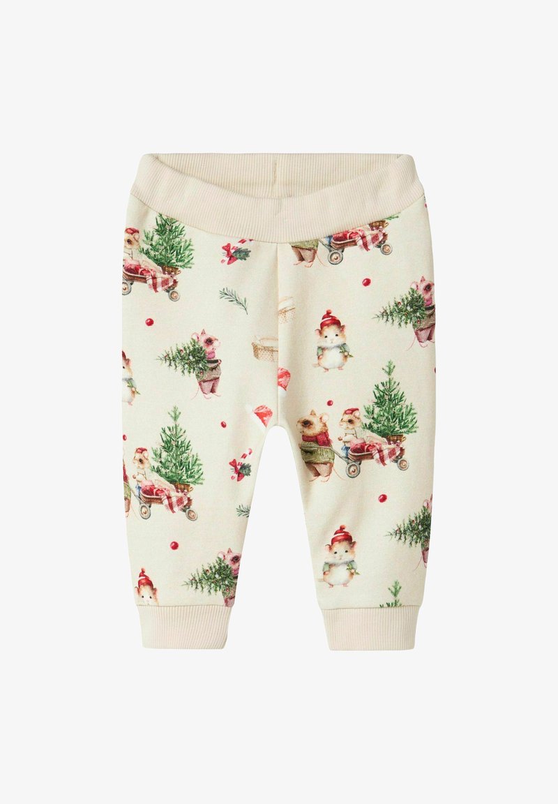 Mīksti, krēmkrāsas sporta bikses ar jautru dzīvnieku rakstu, kurā attēlotas svinīgas ainas, ar ribotām piedurknēm un ērtu jostu.