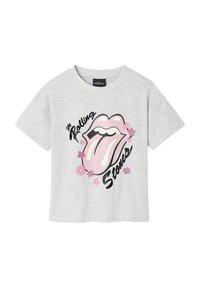 Gray cotton t-shirt with a round neck, short sleeves, featuring a pink Rolling Stones tongue logo surrounded by small flowers in purple and pink.