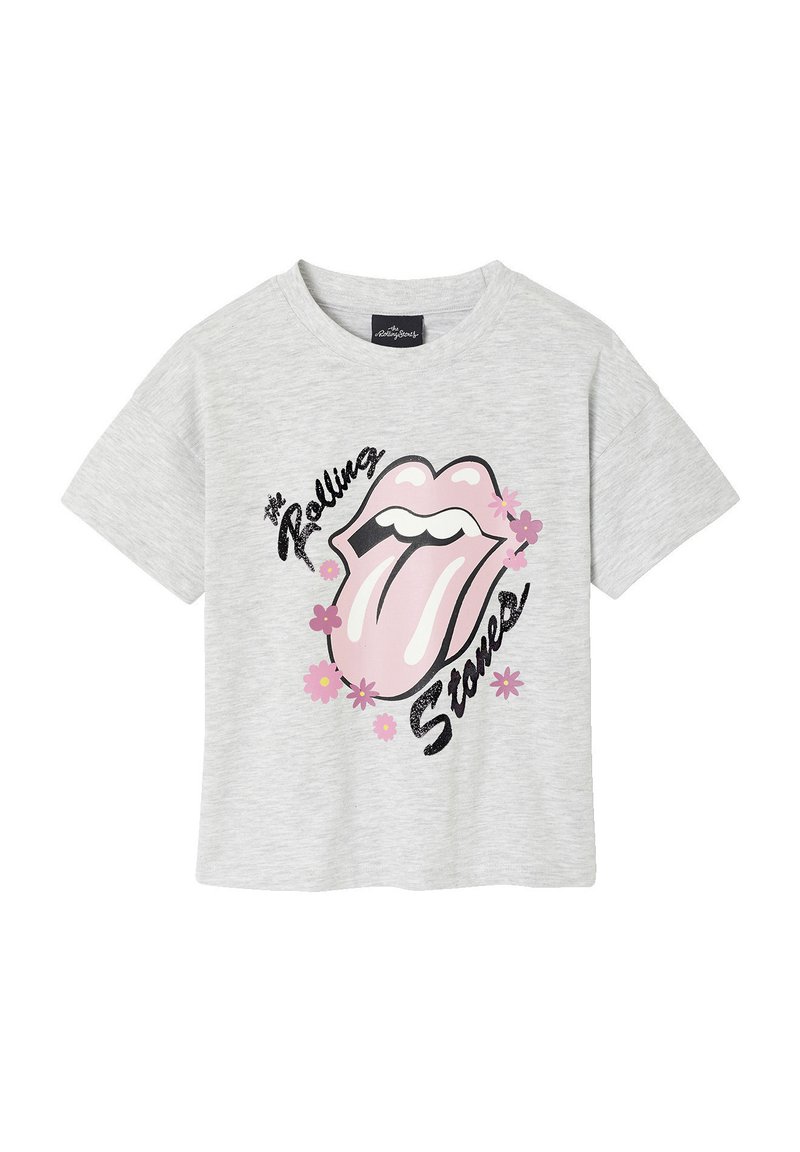 Gray cotton t-shirt with a round neck, short sleeves, featuring a pink Rolling Stones tongue logo surrounded by small flowers in purple and pink.