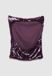 Tief lila asymmetrisches Oberteil, geschmückt mit mehrfarbigen Pailletten. Glatte Stoffauskleidung. Weicher Drapierungsdesign mit rundem Ausschnitt.
