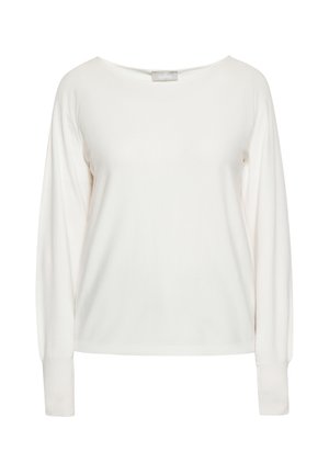 Haut à manches longues blanc avec un large col dégagé, tissu doux, poignets côtelés et coupe décontractée, idéal pour le superposition ou un look décontracté.