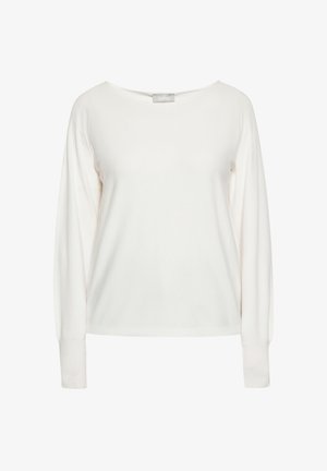 Fehér, hosszú ujjú póló széles, lekerekített nyakkivágással, puha anyaggal, bordázott mandzsettákkal és kényelmes, laza fazonnal, amely ideális rétegezéshez vagy hétköznapi viselethez.