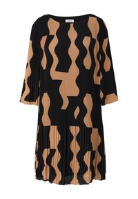 Robe midi plissée noire et marron avec motif abstrait ondulé et manches 3/4 de s.Oliver.