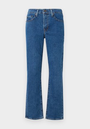 Jeans in denim azzurro chiaro con taglio dritto, design a cinque tasche e dettagli cuciti. Il tessuto è texturizzato con una leggera scoloritura.