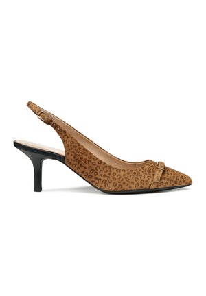 Talons slingback en imprimé léopard avec un bout pointu, un talon noir et une sangle décorative. Fabriqués en matériau texturé avec un intérieur lisse.