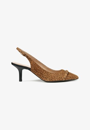 Leopard print slingback heels with a pointed toe, black heel, and a decorative strap. Made from textured material with a smooth interior.