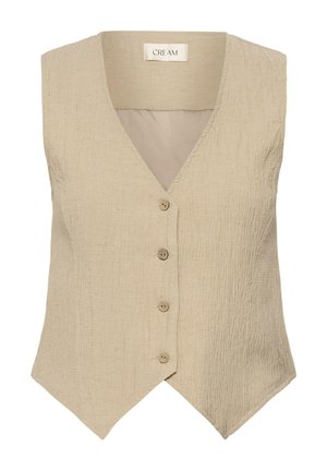 Gilet sans manches texturé de couleur crème avec col en V et quatre boutons sur le devant, coupe ajustée avec ourlet pointu.