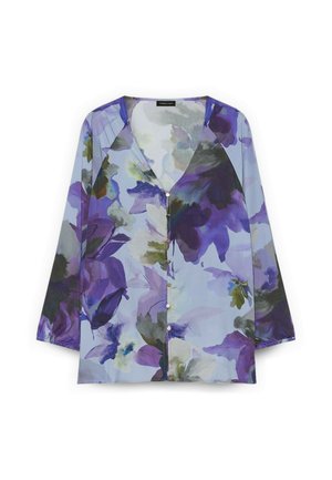 Blumenhemd mit durchsichtiger, leichter Stoffqualität. Verfügt über einen blauen und lila Druck, hat einen V-Ausschnitt und 3/4-Ärmel.