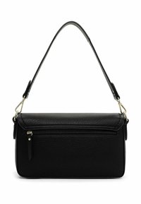 Borsa a tracolla in pelle nera con superficie strutturata, tasca frontale con cerniera e tracolla regolabile. Design rettangolare compatto.