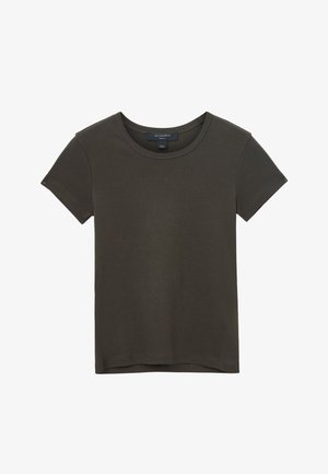 Mørkegrøn bomulds t-shirt med korte ærmer, rund halsudskæring og ren stikningsdetalje. Simpelt, klassisk design uden mønstre.