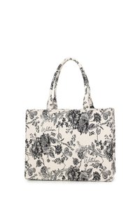Sac en tissu blanc avec un motif floral noir, de forme rectangulaire, deux anses, et "Wittchen" imprimé à l'avant. Texture lisse.