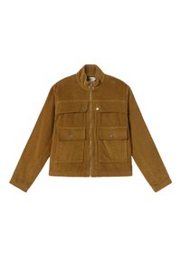 Brown corduroy jacket with a zip front, two chest pockets, and a collar. Features a ribbed texture and straight-cut sleeves.