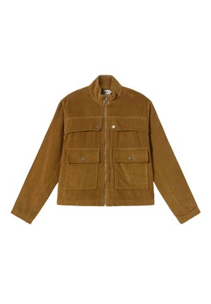 Brown corduroy jacket with a zip front, two chest pockets, and a collar. Features a ribbed texture and straight-cut sleeves.