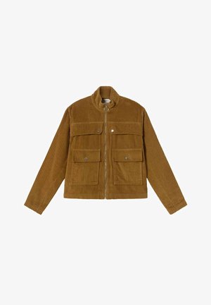 Brown corduroy jacket with a zip front, two chest pockets, and a collar. Features a ribbed texture and straight-cut sleeves.