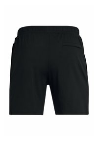 Schwarze Sportshorts mit elastischem Bund, zwei seitlichen Taschen und einer hinteren Tasche; glatte Textur und knielanges Design.
