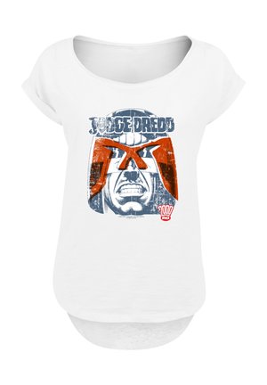 White T-shirt with a distressed graphic of Judge Dredd's intense face and helmet, featuring bold red and blue colors and "2000 AD" logo.