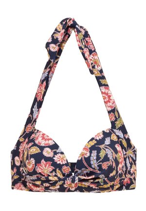 Haut de bikini halter bleu marine avec bonnets moulés, avec un imprimé floral rose, rouge, jaune et vert et un détail de nœud à l'avant.