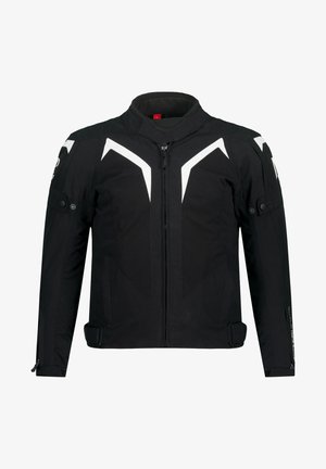 Zwarte motorjack met een hoge kraag, ritssluiting aan de voorkant, reflecterende witte accenten en zakken op de mouwen. Textuurstof voor duurzaamheid.