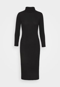 Robes midi noires en tricot côtelé avec des manches longues et un col camionneur, silhouette ajustée, présentée sur un fond clair uniforme.