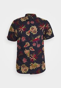 Korte mouw knoopshirt in donker marineblauw, met een levendig bloemenpatroon in rood, groen en geel. Gemaakt van katoen met een relaxte pasvorm.