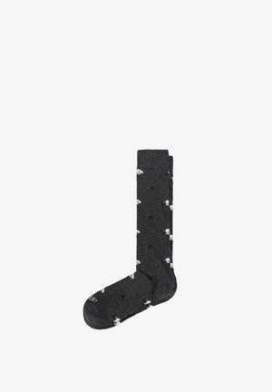 Gray sock with a smooth texture, featuring white skull and bear patterns, and a reinforced toe. Ribbed cuff at the top.