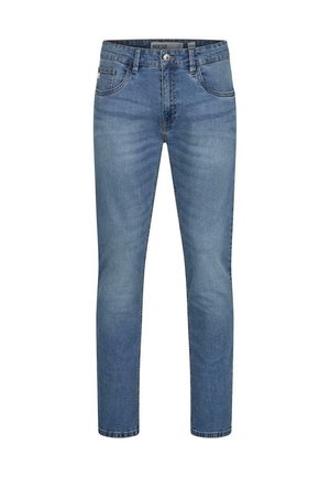 Hellblaue Denim-Jeans mit schmalem Schnitt, ausgestattet mit fünf Taschen, Gürtelschlaufen und subtiler Ausbleichung. Klassisches Design, ohne Verzierungen.