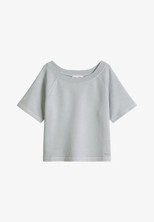 Felpa grigia chiaro a maniche corte con ampio scollo rotondo e cuciture raglan, con un logo discreto nell'orlo inferiore destro.