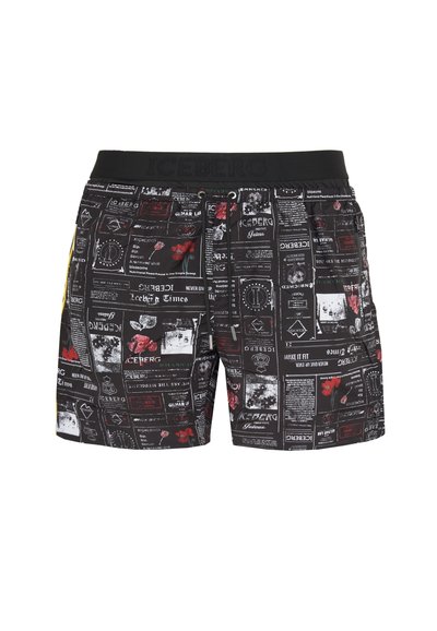 Boxer neri con una stampa grafica variegata che include testo e disegni floreali. Vita elasticizzata con logo "ICEBERG". Tessuto morbido.