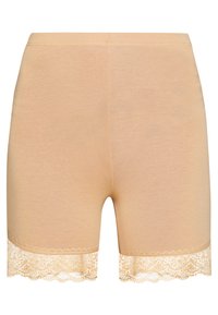 Béžové šortky z hladké tkaniny s jemnou krajkovou ozdobou na lemu se zvlněným okrajem.