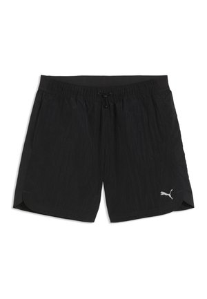 Schwarze Sportshorts mit elastischem Bund und Kordelzug, Seitentaschen und einem Puma-Logo am unteren rechten Bein.