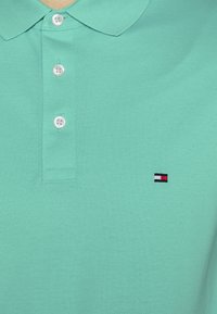 Mintgrön polo skjorta med tre vita knappar och en liten rektangulär logga i rött, vitt och svart på bröstet.