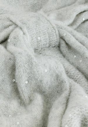 Light gray knitted fabric featuring fine, soft texture with scattered small shiny sequins throughout. The material appears cozy and layered.