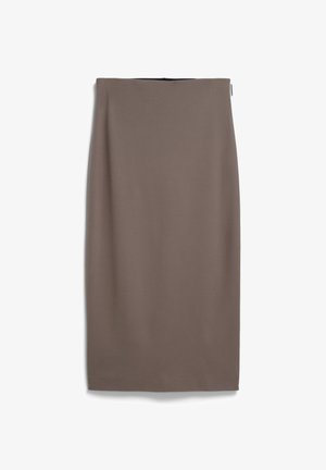 Brauner, taillierter Midi-Rock aus weichem Stoff. Glatte Textur mit hoher Taille und einem schlichten, geraden Design. Keine sichtbaren Muster oder Beschläge.