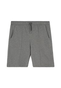 Graue Sportshorts aus weichem Stoff, mit elastischem Bund, Kordelzugverschluss und zwei Seitentaschen.