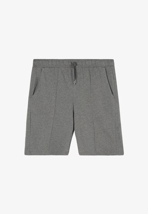 Shorts de sport gris en tissu doux, dotés d'une taille élastique, d'un cordon de serrage et de deux poches latérales.