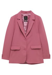 Blazer rose en tissu lisse avec revers à pointe, deux poches avant et une fermeture à un bouton. Détails de boutons sur les manches.