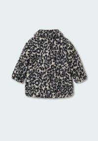 Dámská fleecová bunda s leopardím potiskem v černobílé barvě, s klopeným límcem a dlouhými rukávy. Měkký materiál s volným střihem.