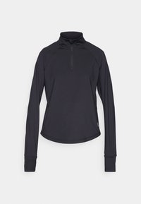 Schwarzer Pullover mit langen Ärmeln aus weichem, feuchtigkeitsableitendem Stoff. Verfügt über einen Reißverschlusskragen und Flachnähte für zusätzlichen Komfort.