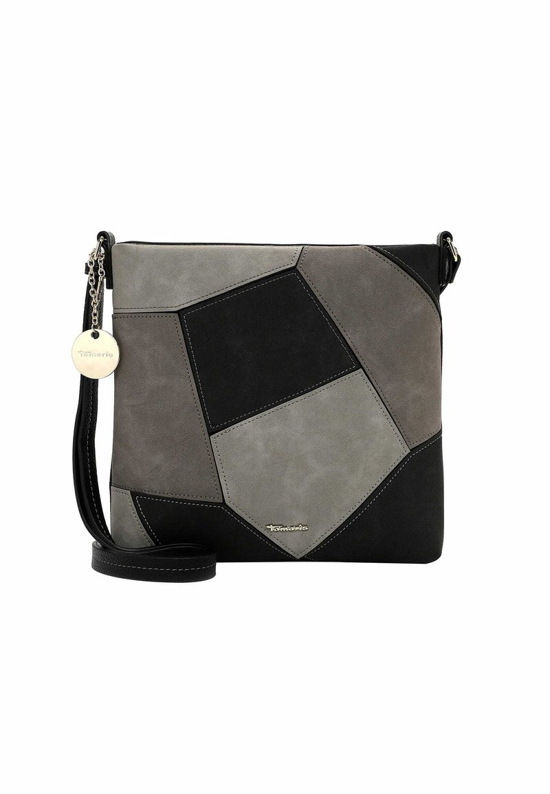 Borsa a tracolla realizzata in suede patchwork nelle tonalità di grigio e nero, dotata di una tracolla removibile e di un accento metallico con logo.