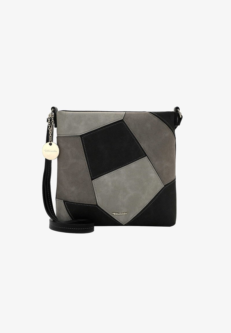 Borsa a tracolla realizzata in suede patchwork nelle tonalità di grigio e nero, dotata di una tracolla removibile e di un accento metallico con logo.